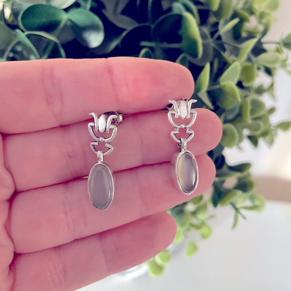 Vintage Natural Jadeite Jade 925 Sterling Silver Dangle Stud Earrings